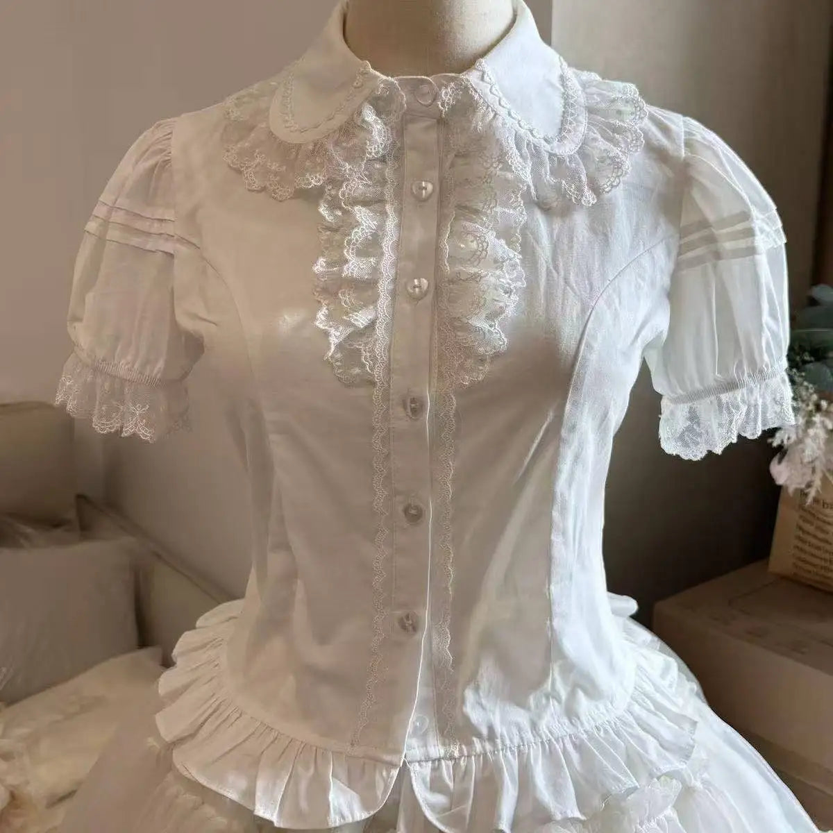 The Amélie Ruffled Chiffon Blouse | V-Neck Puff Sleeve Lolita Shirt | Sweet Parisian Top | Parisian Princess