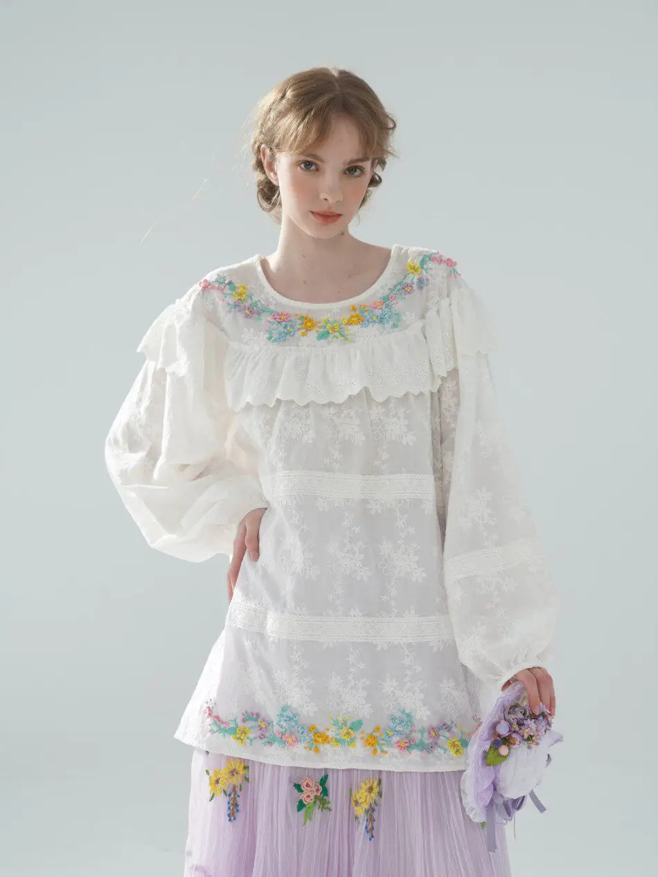 The Summer Floral Breeze Blouse | 100% Cotton Oversized White Top | Handmade 3D Embroidered Loose Lace Top | Parisian Princess