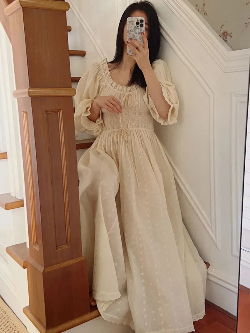 Cotton Embroidery French Languid U-Neck Ruffles Princess Nightgown Lace-up Vintage Fairy Night Dress Spring Pajamas Sleepwear