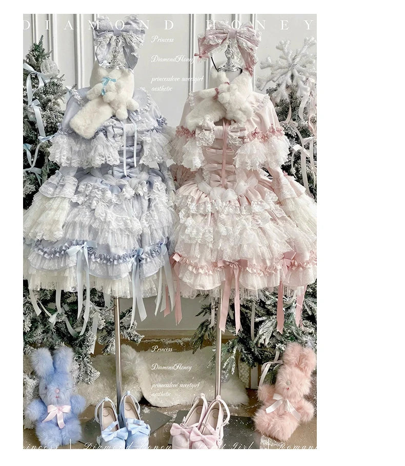 Pink Lolita Princess Dress Women's Bow Lace Heavy Industry Sweet Elegant Birthday Party Evening Dress Lady Suspender Dress Cloak