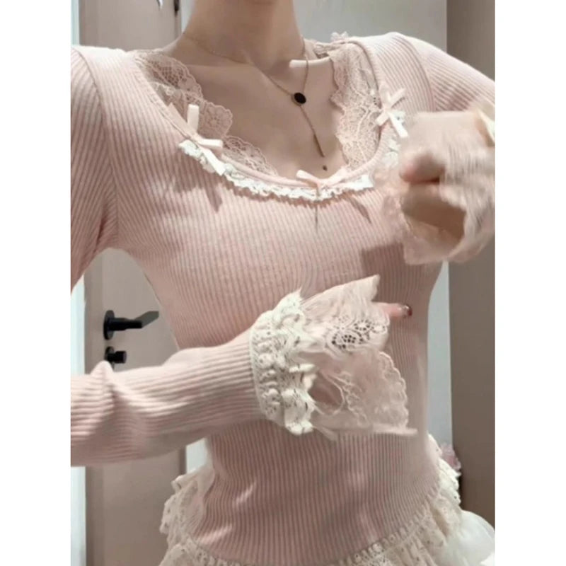 The Trianon Lace Plaid Tee | French Long Sleeve Bow Top | Slim Spring Knitted Blouse | Parisian Princess