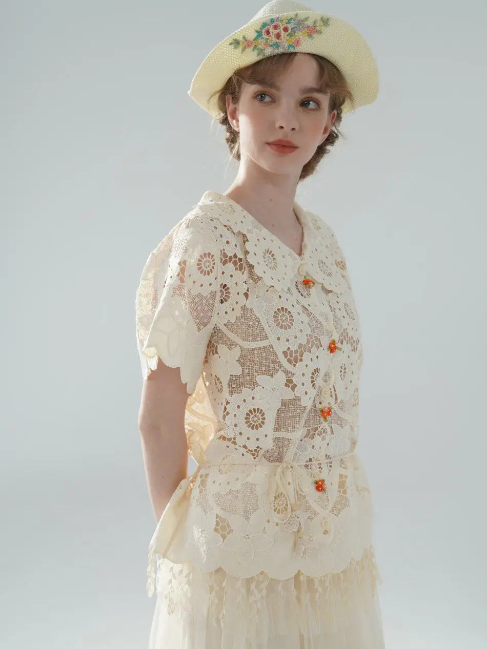 The Palais Cutwork Blouse | Summer Lace Shirt | Handmade 3D Floral All-Over Embroidered Turn-Down Collar Blouse | Parisian Princess