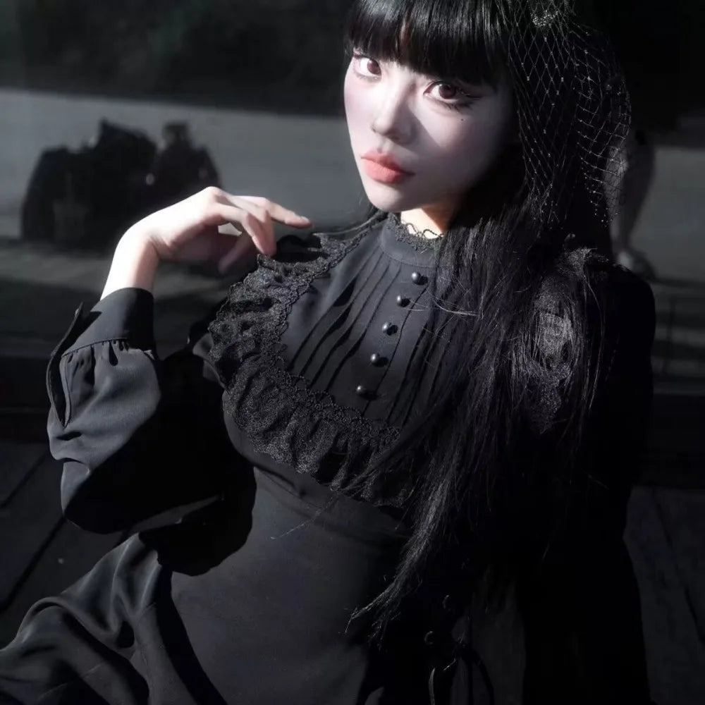 Coalfell French Gentle Heavy Engineering Dress Design Fall and Winter Long-sleeved New Waist Lace Thin Temperament Long Dress