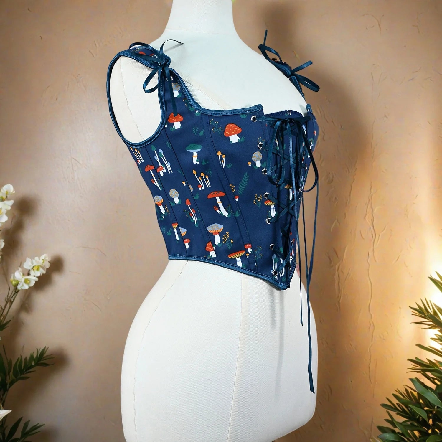 Mushroom Corset Bustier Lace Up Front Vintage Printed Boned Bodice Stage Costume Crop Vest Outwear For Dress Waist Trainer
