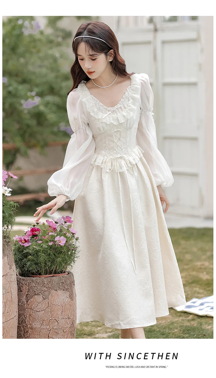 French Fairy Lantern Sleeve Midi Dress for Women Summer Elegant Retro Slim Sweet Party One Piece Dress Korean Casual Clothes