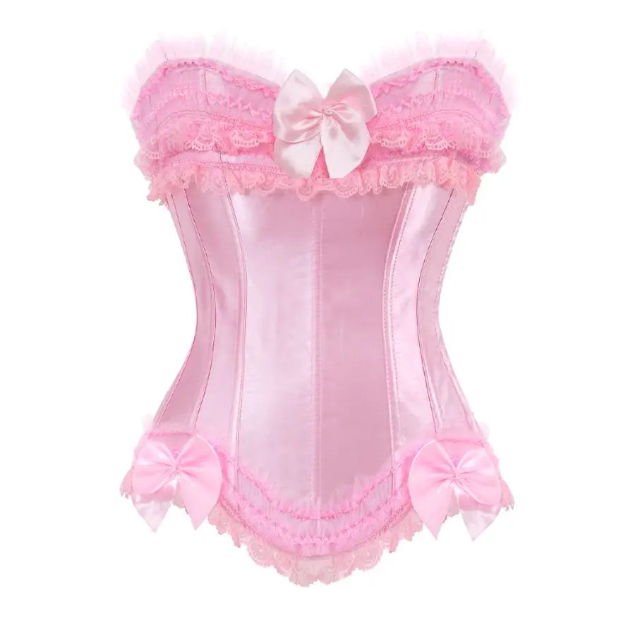 Sexy Lace Overbust Corset Top Women Vintage Satin Bow Bustier Lingerie With Zipper Plus Size Body Shaper Burlesque Corsets