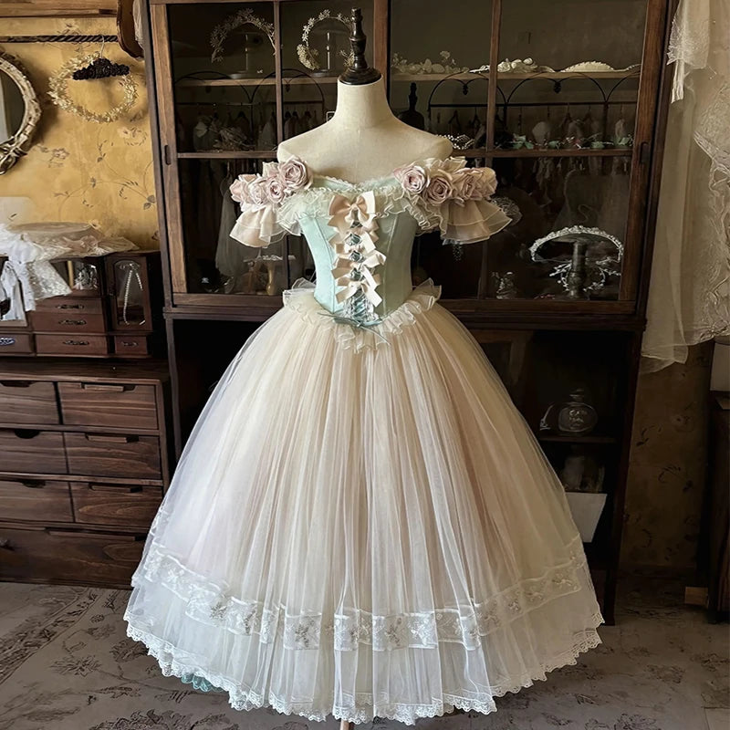 Elegant Vintage Princess Birthday Party Dress 3D Rose Off-Shoulder Short Sleeve Lace-up Slim Mesh Fluffy Lolita Long Dress Women