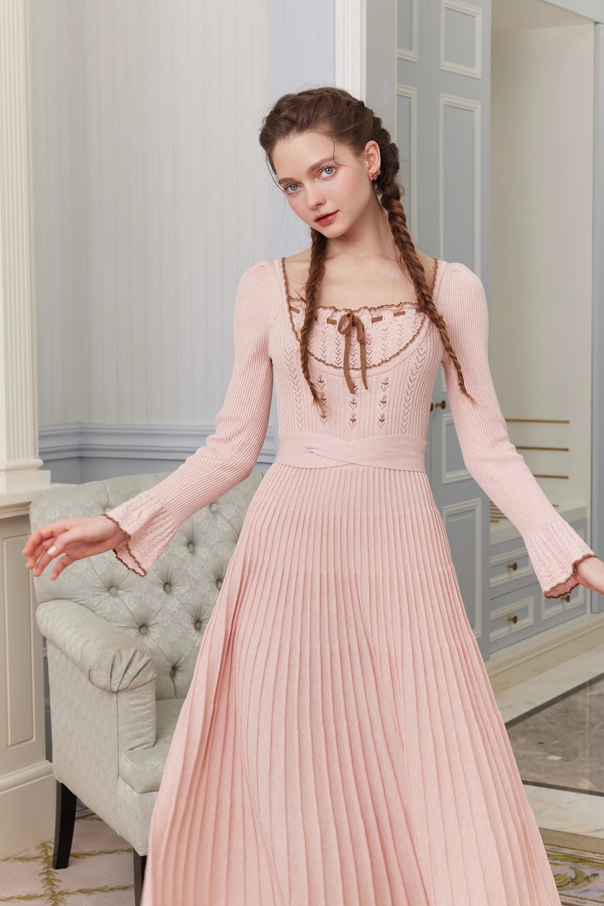 76-88cmBust FallWinter Long Pleated Dress Women Vintage ElegantSlim Embroidery Square Neck Flare Sleeve 100%Cotton Knitted Dress