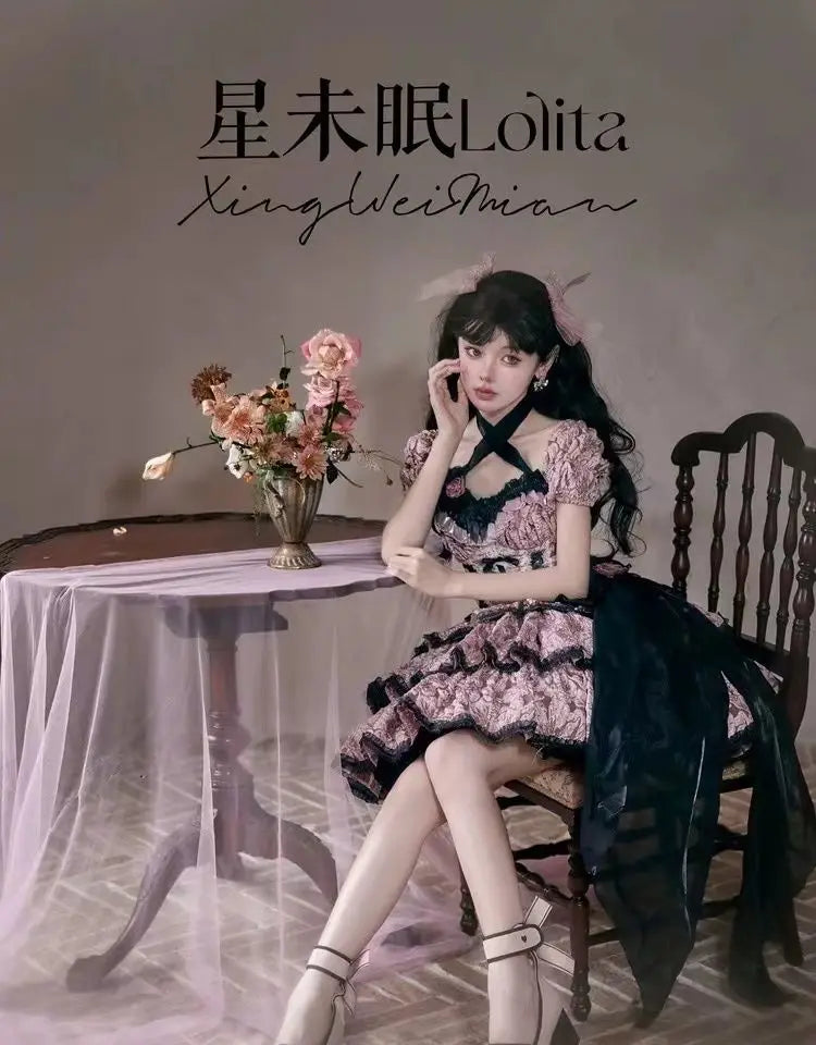 Dophee Original Lolita Flower Wedding Dress Set Gothica Black Pink JSK Dress Elegant Ruffles Mesh Spring Summer OP Dress