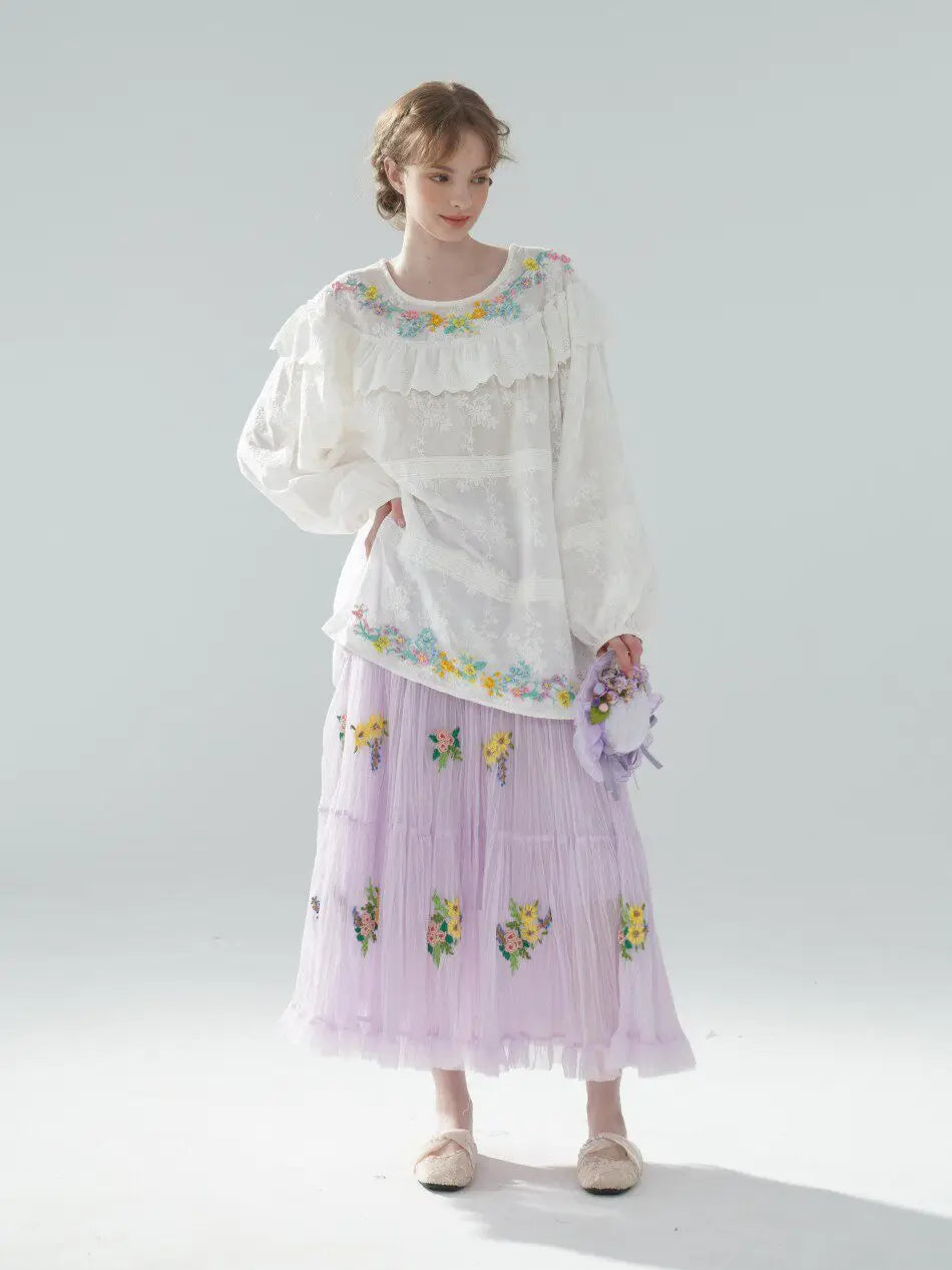 The Summer Floral Breeze Blouse | 100% Cotton Oversized White Top | Handmade 3D Embroidered Loose Lace Top | Parisian Princess