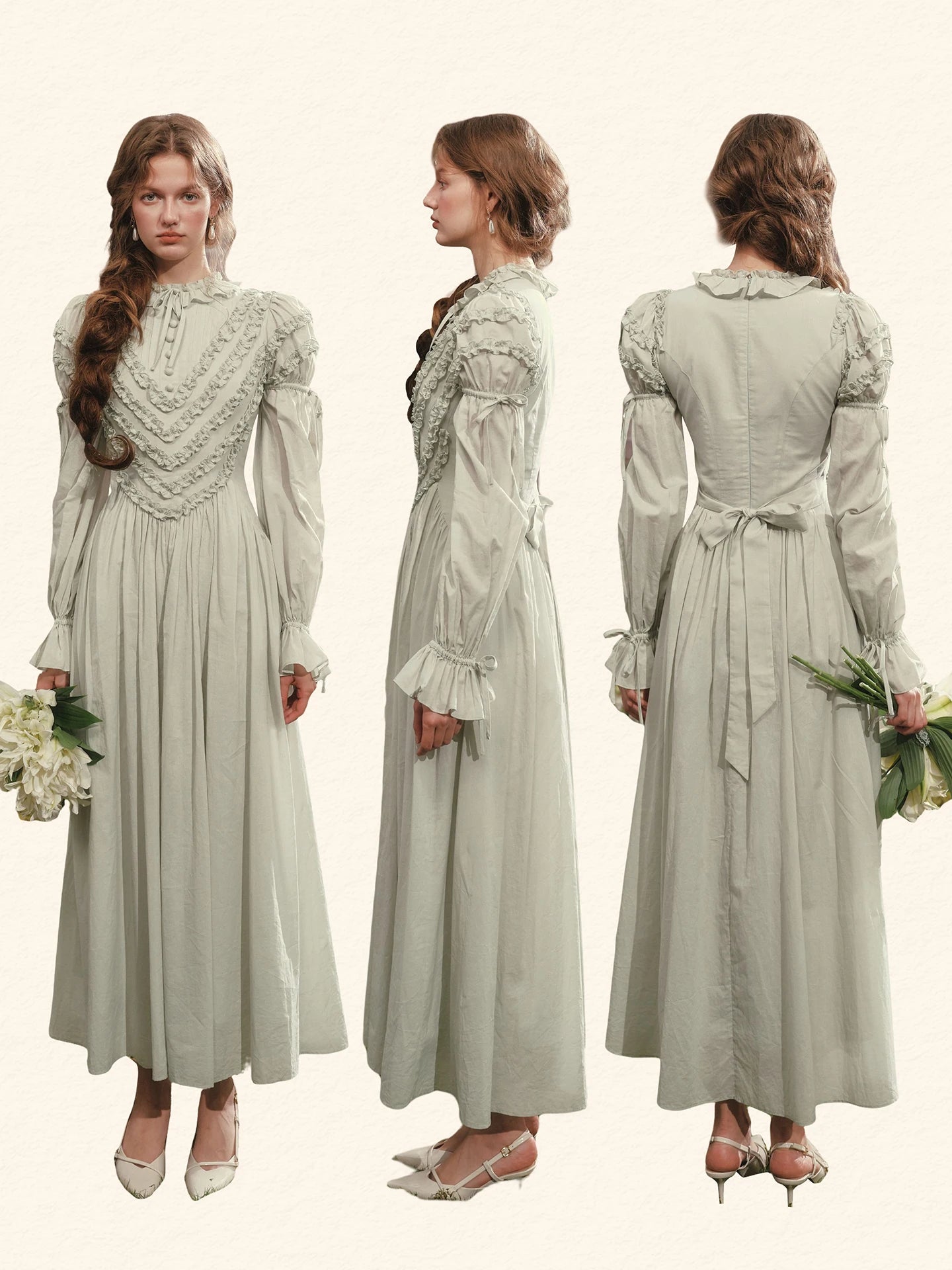 Parisian Princess French Dress Full Lantern Sleeve Long Maxi Ladies XS-XL Vintage High Waist 100% Cotton Lace Up 2025 New