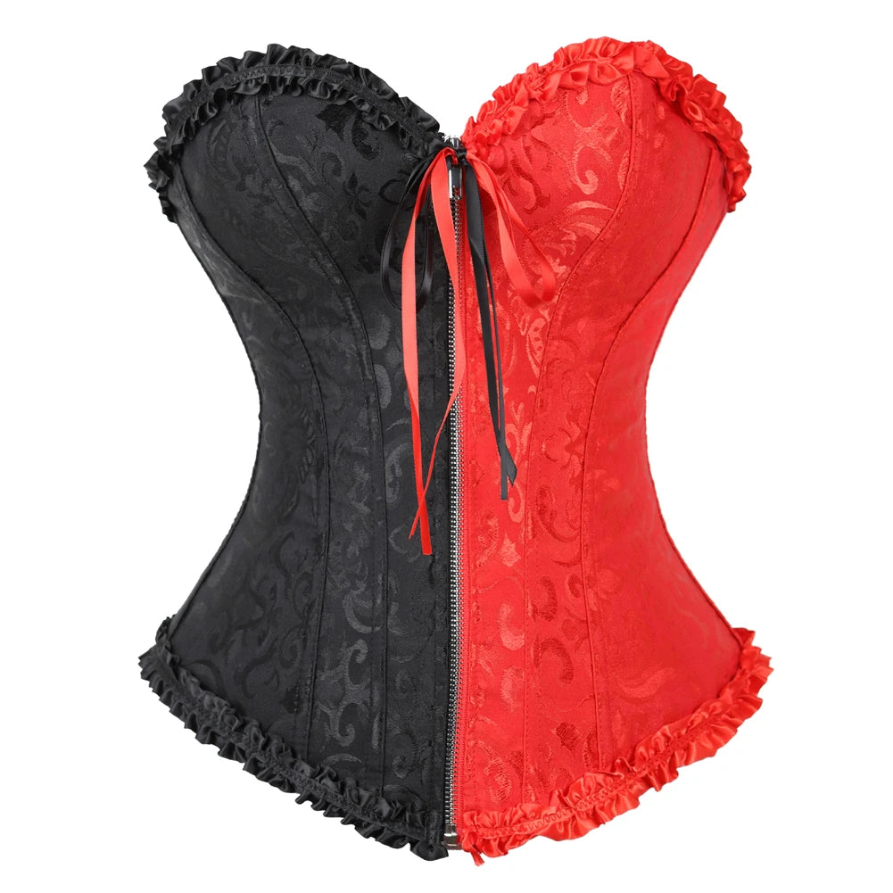 Sexy Lace Overbust Corset Top Women Vintage Satin Bow Bustier Lingerie With Zipper Plus Size Body Shaper Burlesque Corsets