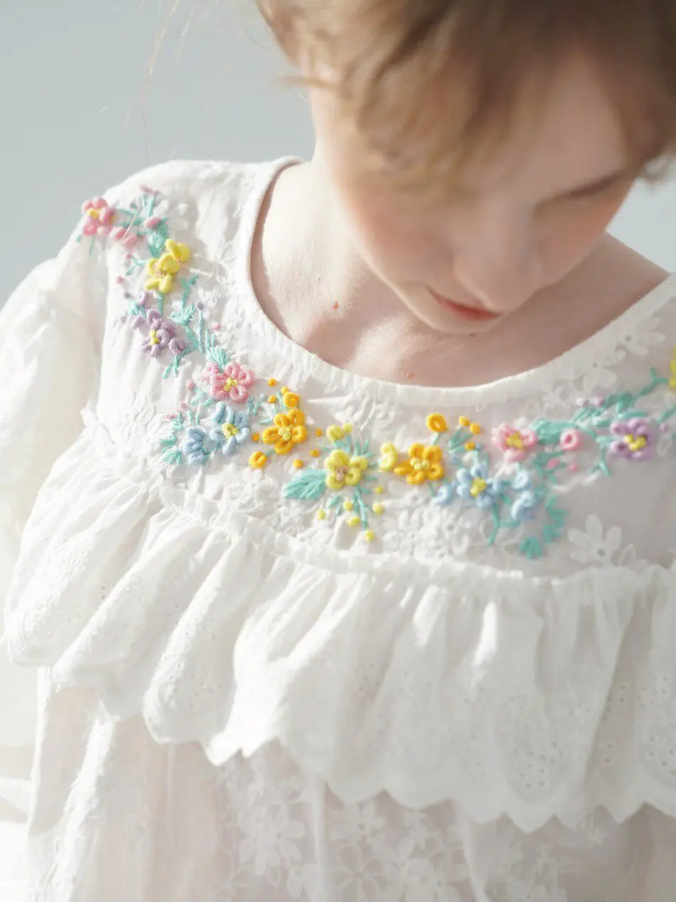 The Summer Floral Breeze Blouse | 100% Cotton Oversized White Top | Handmade 3D Embroidered Loose Lace Top | Parisian Princess