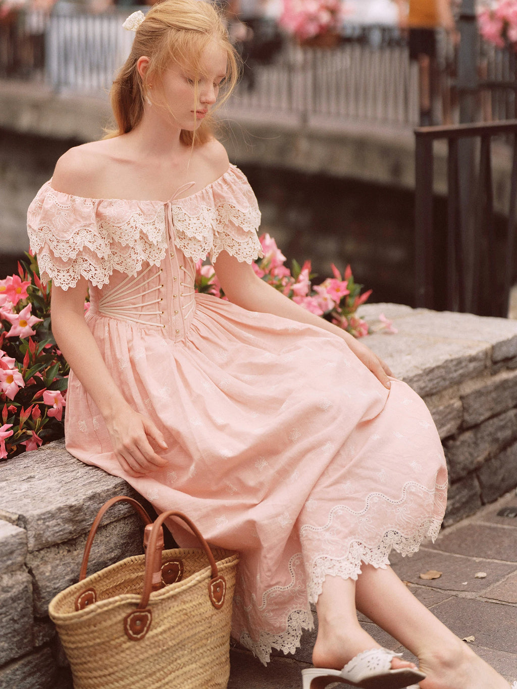 80-102cmSummer Pink Birthday Party Long Dress Women Vintage ElegantSlim Sexy Boat Neck Hollow Out Embroidery Lace Fishbone Dress
