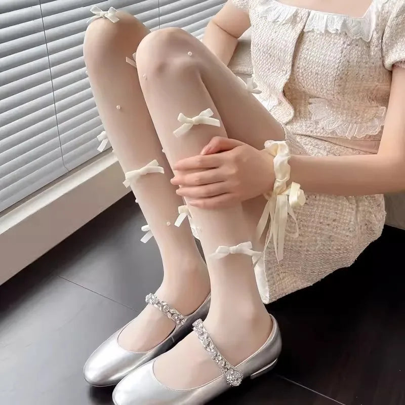 Lolita Pink Velvet Bow Embroidery Pearl Tights Pantyhose Fashion Women Tights JK Lolita Styles Sweet Girls Kawaii Cute Stocking