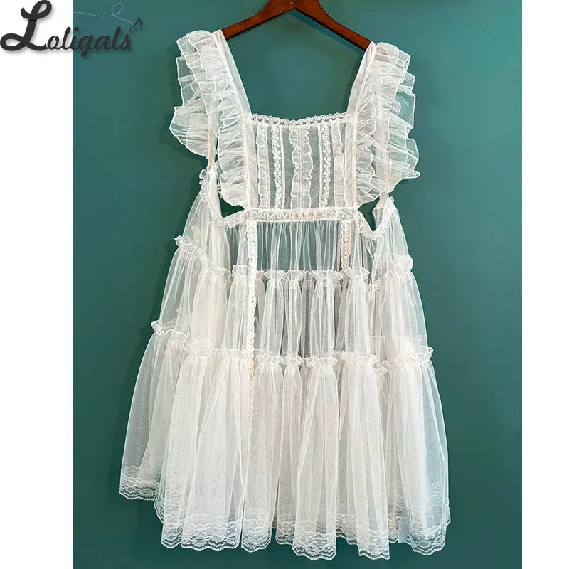 Sheer Mesh Lolita Cover up Dress Ruffled JSK Dress w. Lace Detailing