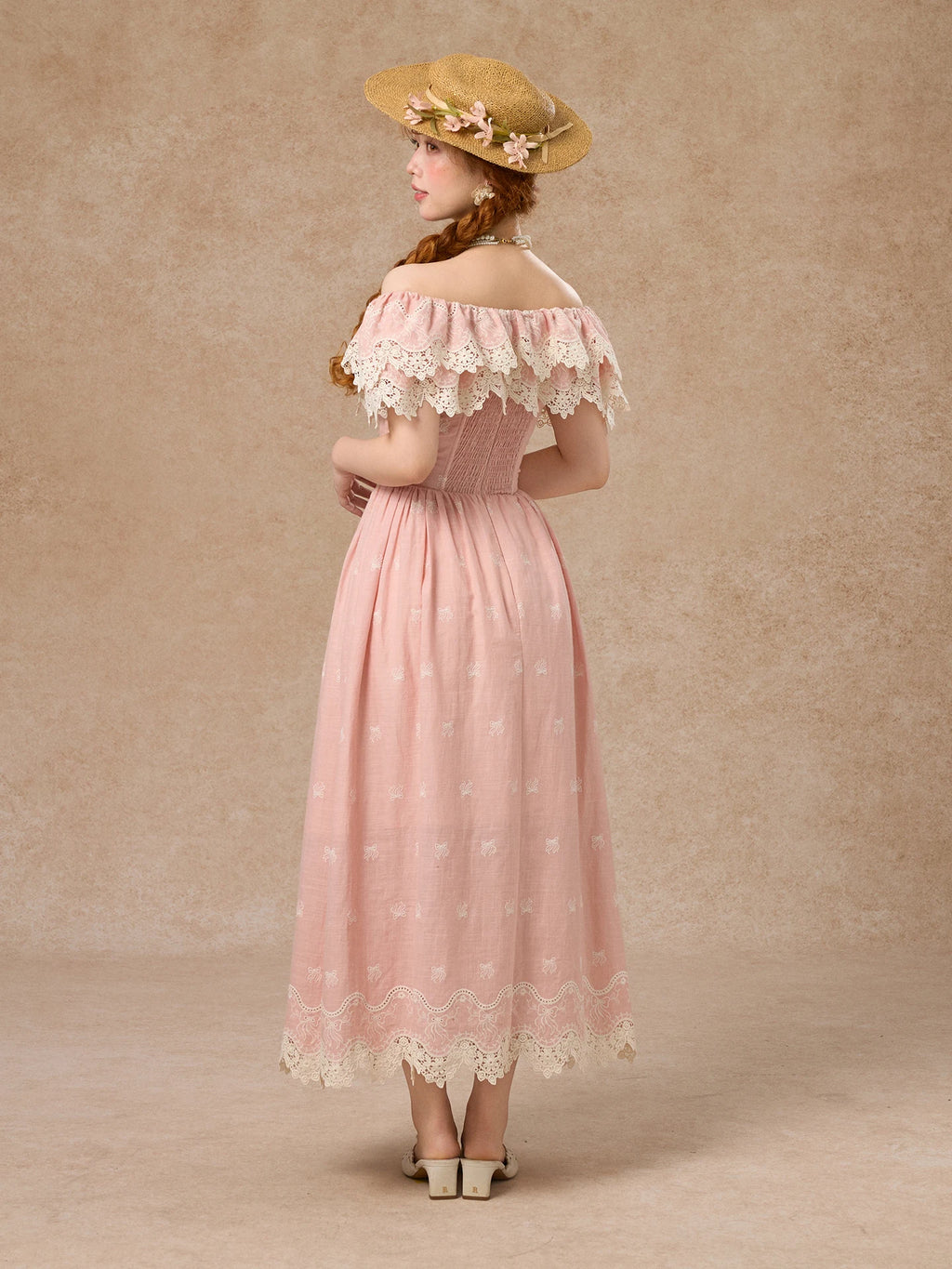 80-102cmSummer Pink Birthday Party Long Dress Women Vintage ElegantSlim Sexy Boat Neck Hollow Out Embroidery Lace Fishbone Dress