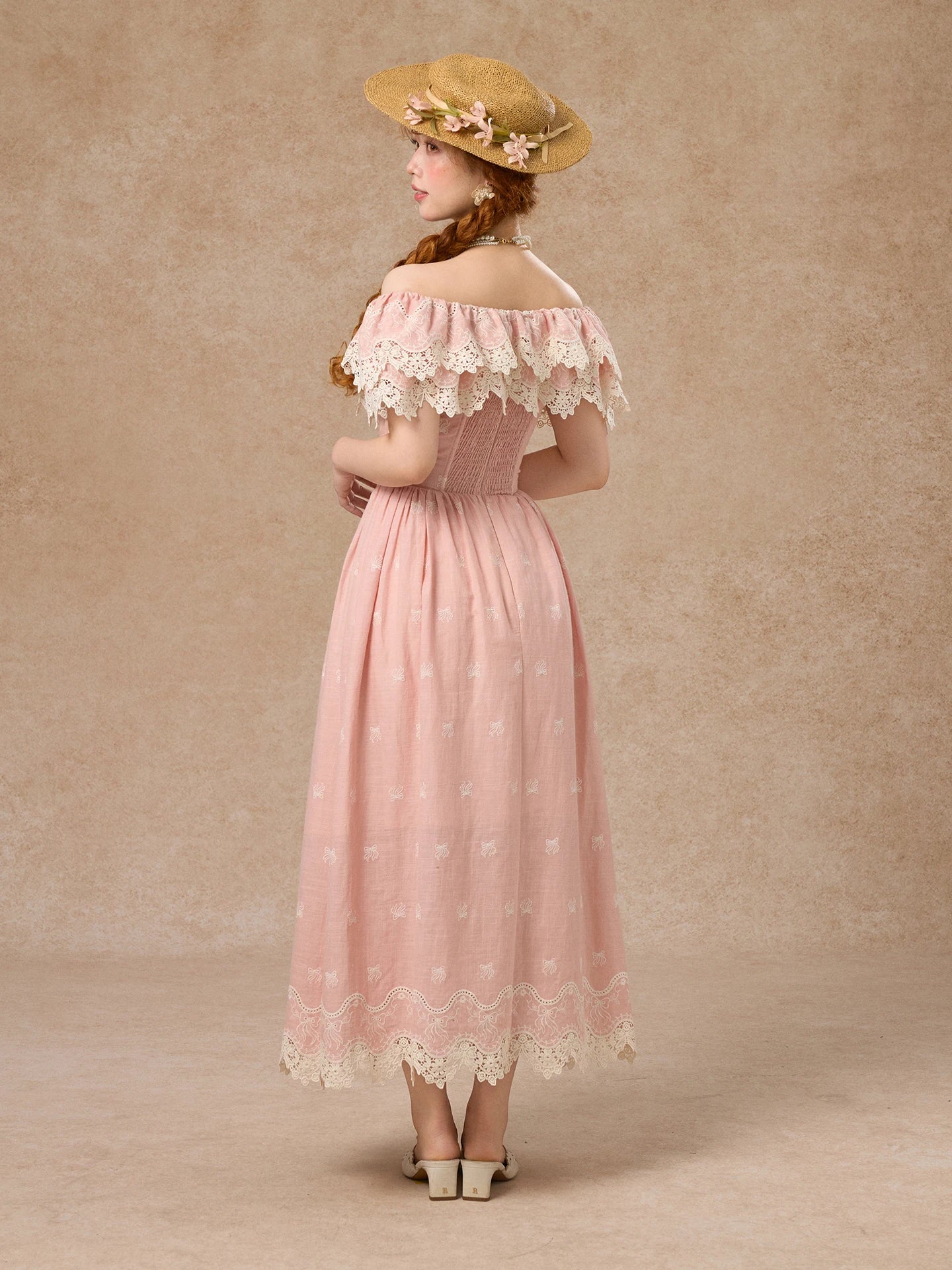 80-102cmSummer Pink Birthday Party Long Dress Women Vintage ElegantSlim Sexy Boat Neck Hollow Out Embroidery Lace Fishbone Dress