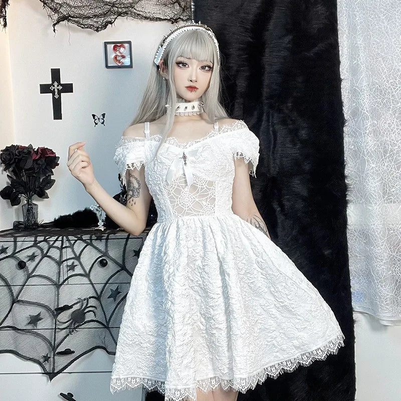 Gothica Lace Short Dress Women Cobweb Patchwork Short Sleeve Cold Shoulder Halloween Outfit Horror Ruffle Trim Costume