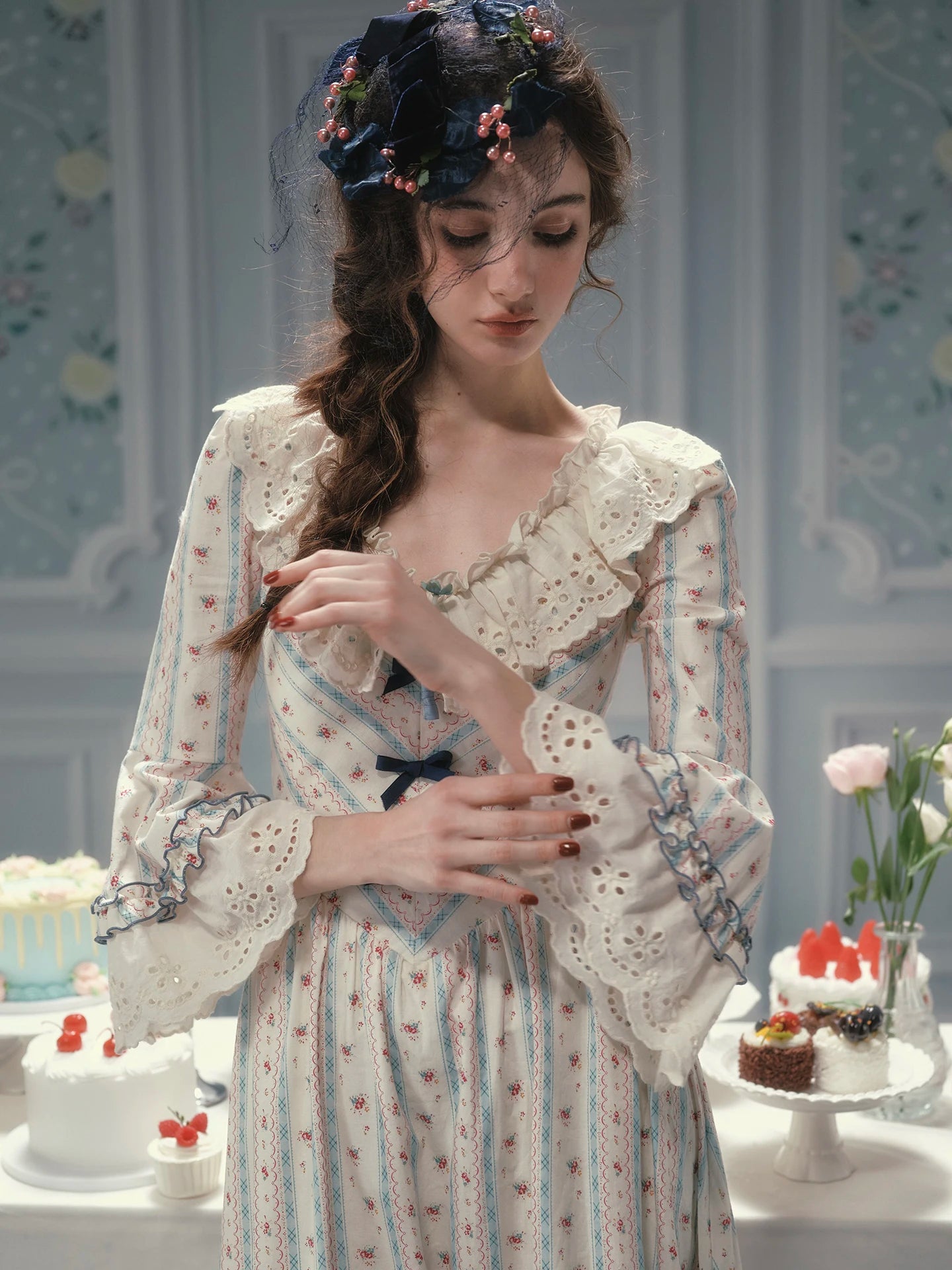 Parisian Cotton Lace Trimmed Women Dress Three Quarter Flare Sleeve Long Maxi Ladies V-Neck XS-XL Vintage High Waist Printed 2026