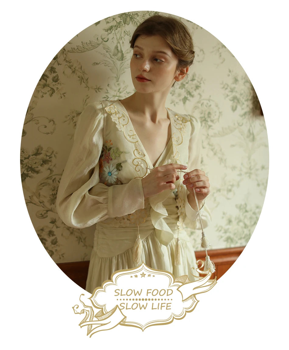 The Antoinette Tassel Embroidery Vest | French Antique Floral Cotton Gilet | Open-Stitch V-Neck | Parisian Princess
