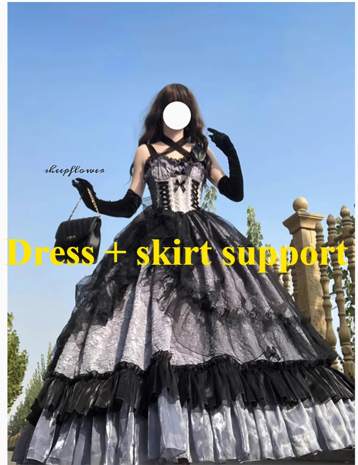 Dophee Original Lolita Flower Wedding Dress Set Gothica Black Pink JSK Dress Elegant Ruffles Mesh Spring Summer OP Dress