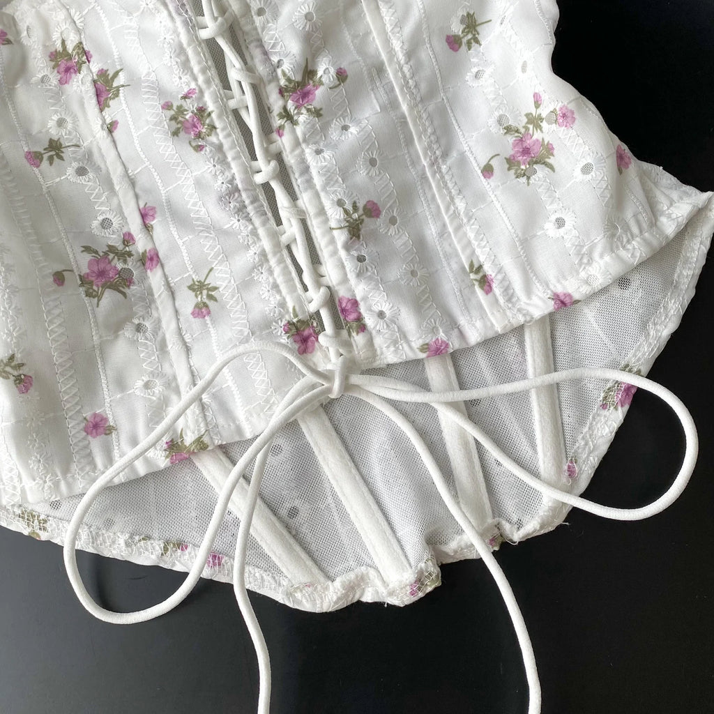 The Trianon Embroidered Corset | French Sweet Floral Lingerie Top | Hollow Out Backless Bandage Camisole | Parisian Princess