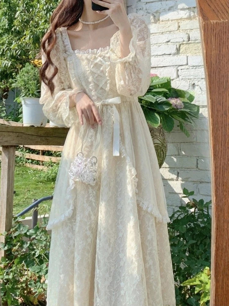 French Vintage Dress Women Summer Long Sleeve Elegant Party Midi Dress Female Casual Retro One Piece Dress Casual