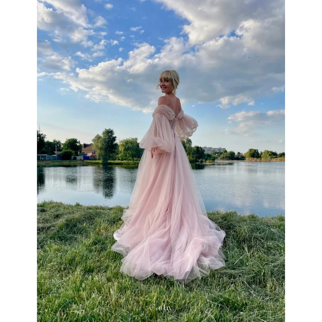 The Pink Petal Promenade Gown | Off-The-Shoulder Puff Sleeve Prom Dress | Lace-Up Satin Tea-Length Gown | Parisian Princess