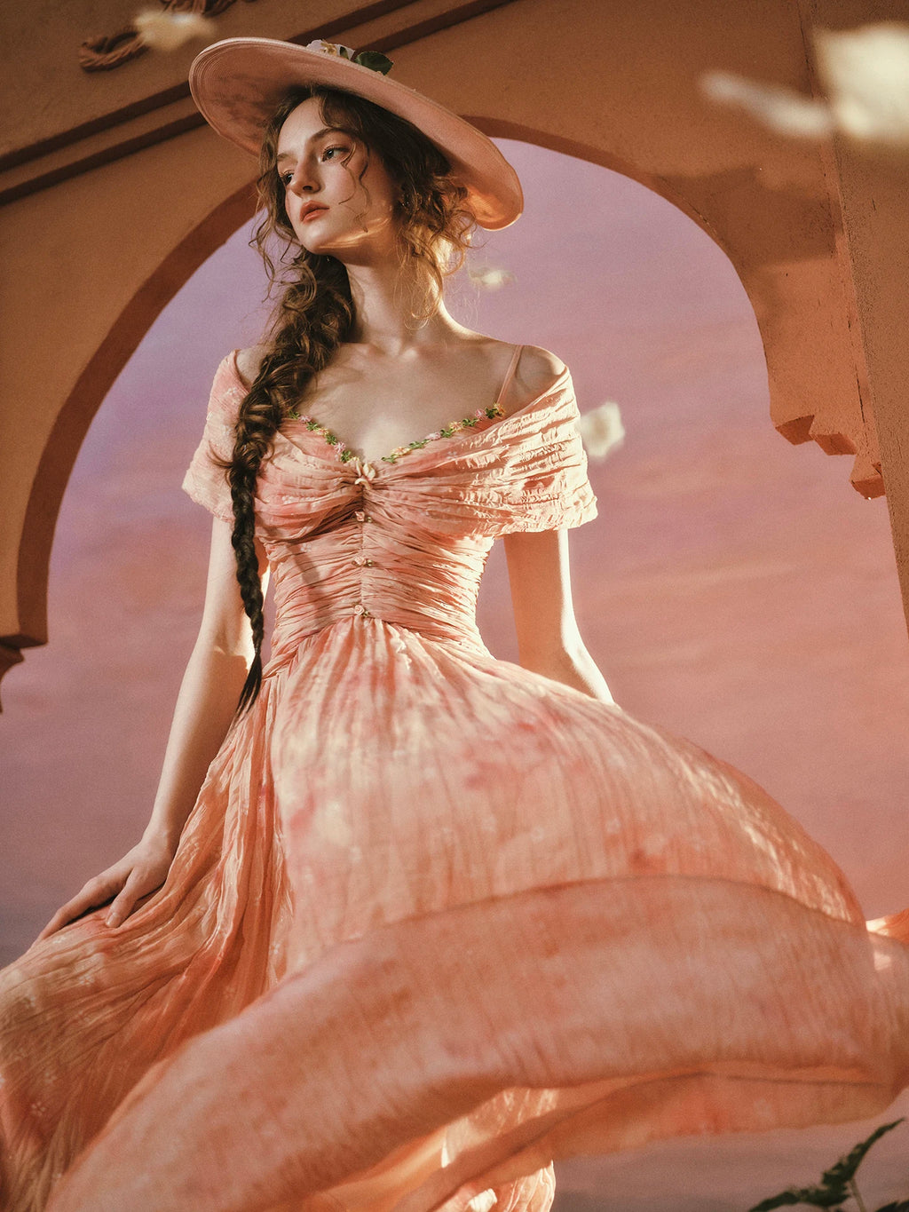 The Caprician Sunset Oil Painting Gown | Coral Shimmer Fairy Skirt | 3/4 Sleeve A-Line Dress | Parisian Princess
