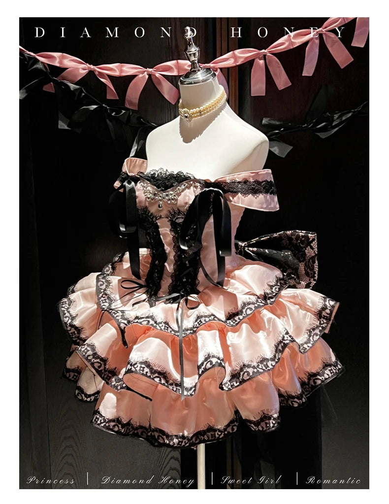 Princess Romantic Date Anniversary Wedding Party Pink Dress Girls Women's Sweet Lolita Halter Off-Shoulder Ball Gown Dresses