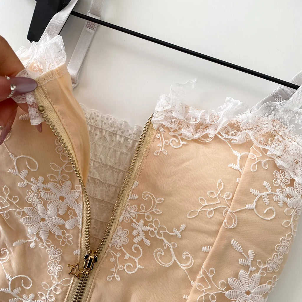 The Trianon Tiered Lace Cami | Embroidered Sleeveless Tank Top | Stretchy Slim Zipper Lingerie Top | Parisian Princess