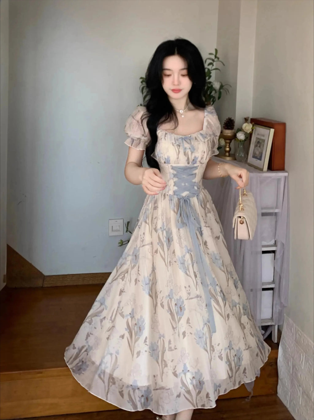 The Trianon Fairy Midi | Parisian Lace Puff Sleeve Princess Gown | Summer Fairycore A-Line Party Dress | Parisian Princess