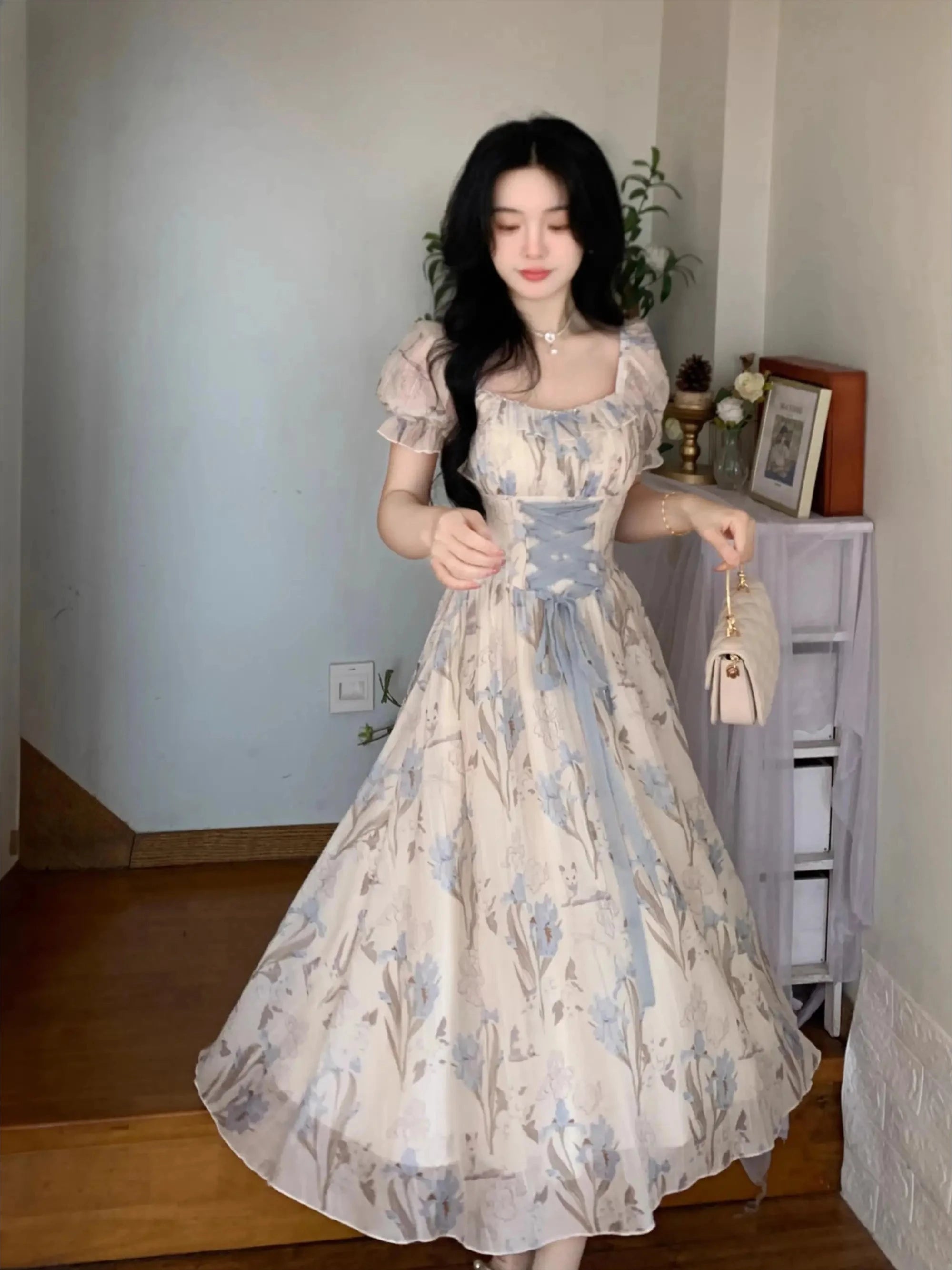 The Trianon Fairy Midi | Parisian Lace Puff Sleeve Princess Gown | Summer Fairycore A-Line Party Dress | Parisian Princess