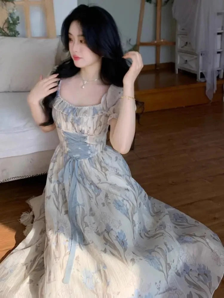 The Trianon Fairy Midi | Parisian Lace Puff Sleeve Princess Gown | Summer Fairycore A-Line Party Dress | Parisian Princess