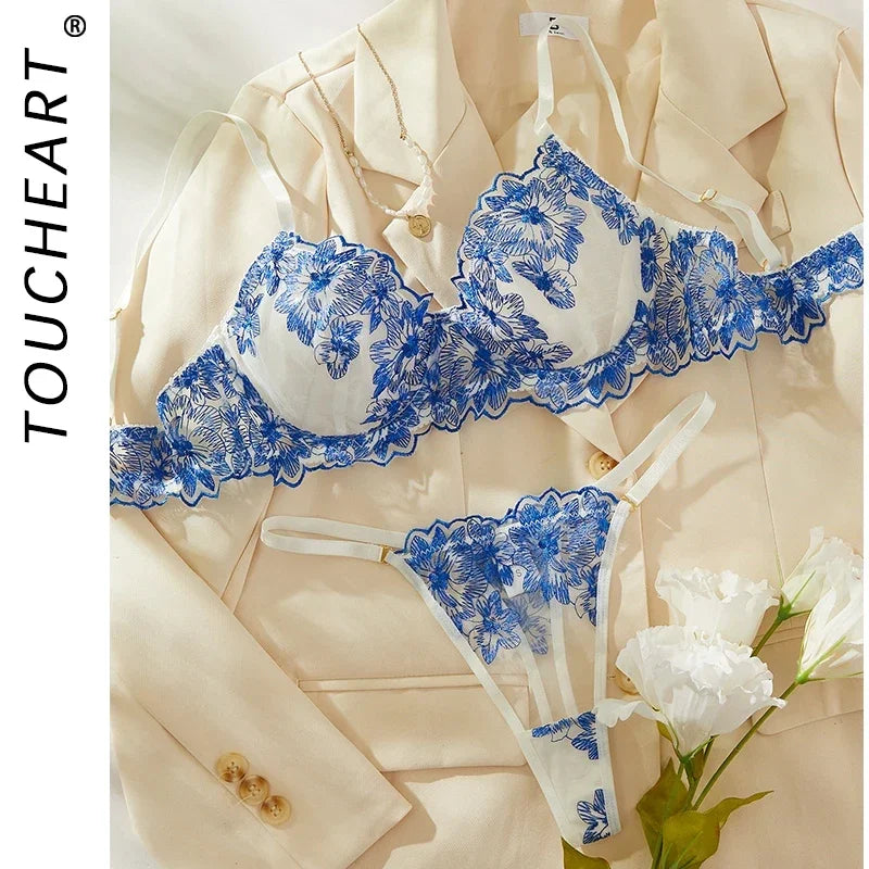 Parisian Blue Lingerie Set Blue Sexy Comfortable Lingerie Set For Women Simple Sexy Perspective Lace Pure Lingerie Suit