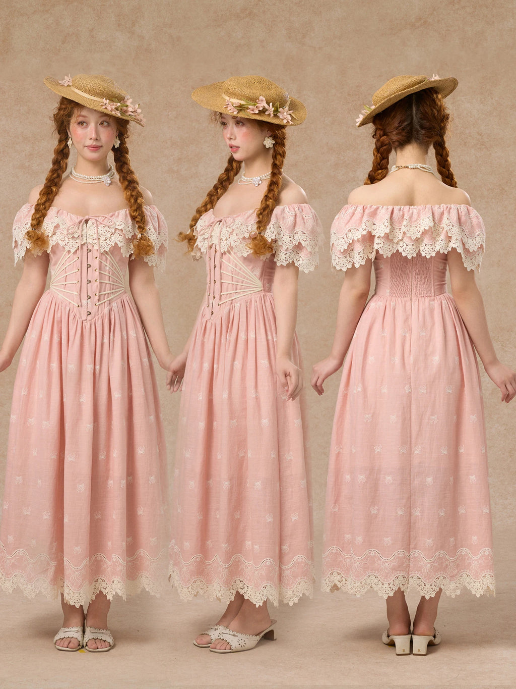 80-102cmSummer Pink Birthday Party Long Dress Women Vintage ElegantSlim Sexy Boat Neck Hollow Out Embroidery Lace Fishbone Dress