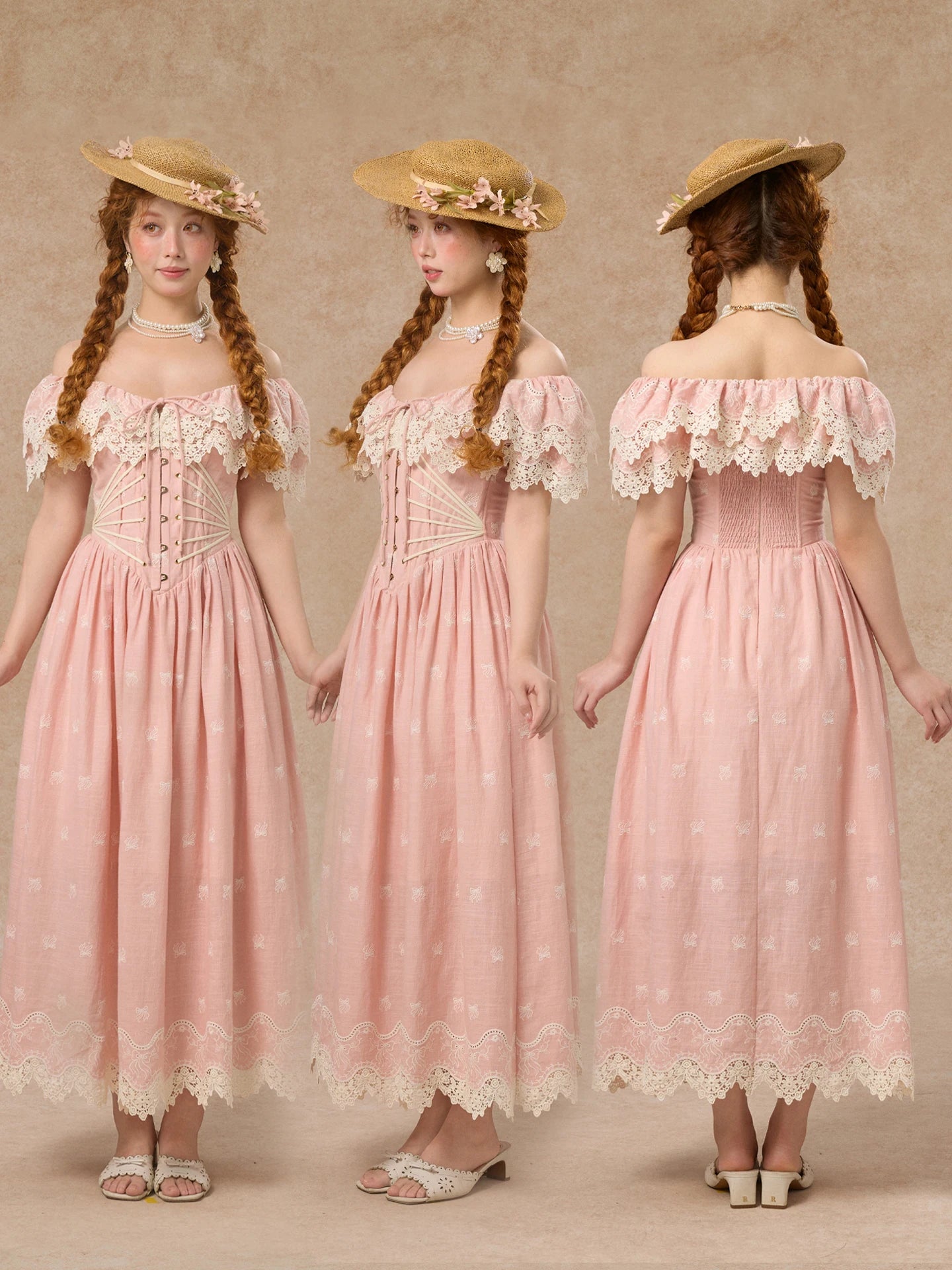 80-102cmSummer Pink Birthday Party Long Dress Women Vintage ElegantSlim Sexy Boat Neck Hollow Out Embroidery Lace Fishbone Dress