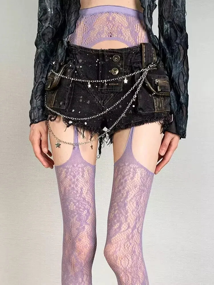 Lolita Sweet Girls Punk Style Floral Tights Colorful Parisian Thigh High Stockings Women Sheer Fishnet Suspender Tights Pantyhose Hosiery