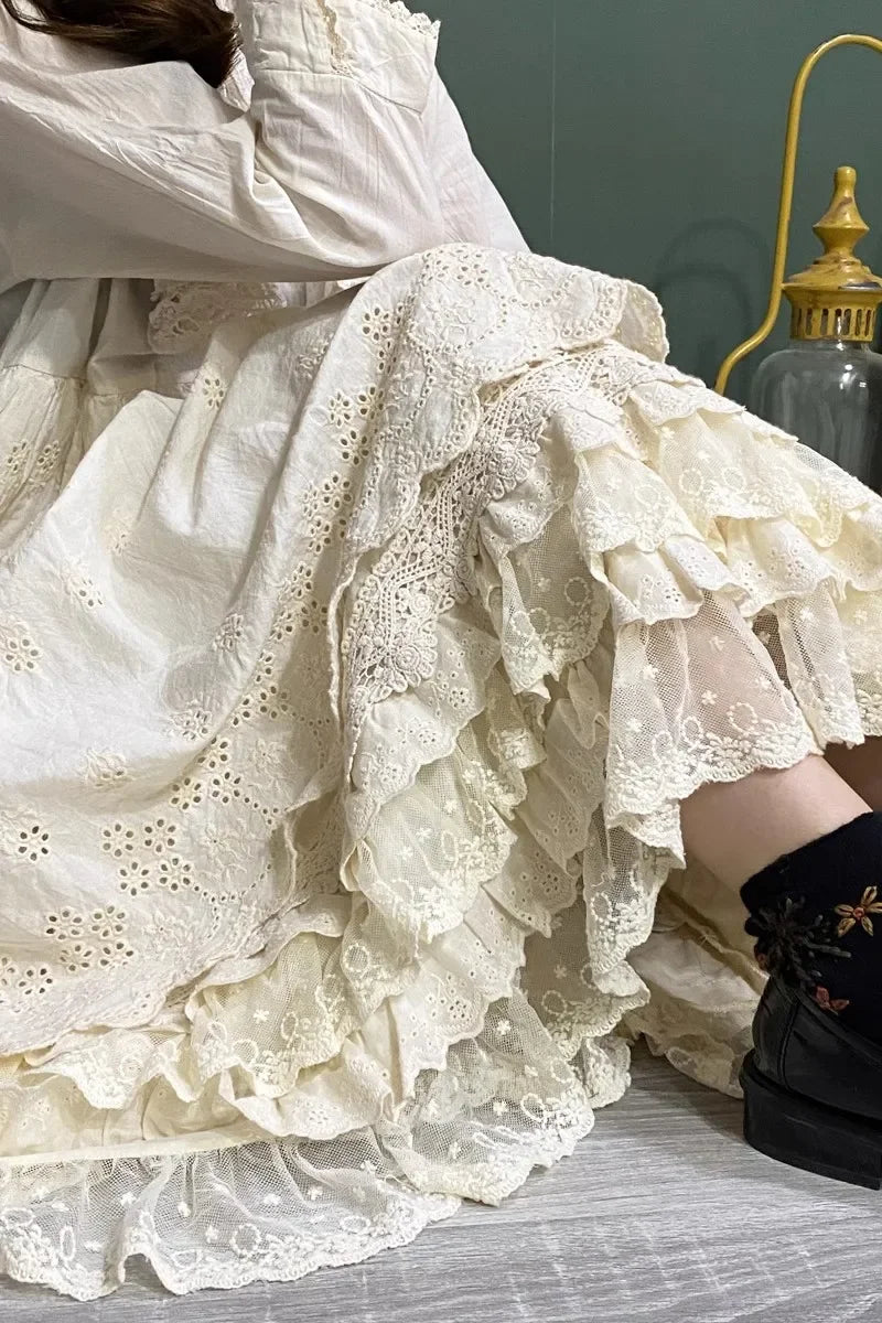 The Madeleine Lace Ruffle Skirt | Vintage French Cotton Linen Cake Skirt | High-Waist Lolita A-Line Petticoat | Parisian Princess