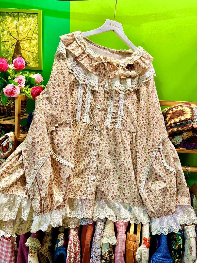 Autumn Cotton Sweet Parisian Cute Ruffled Lace Shirt Women Shabby Chic Vintage Mori Girl Lolita Casual Cottagecore Korean Blouse