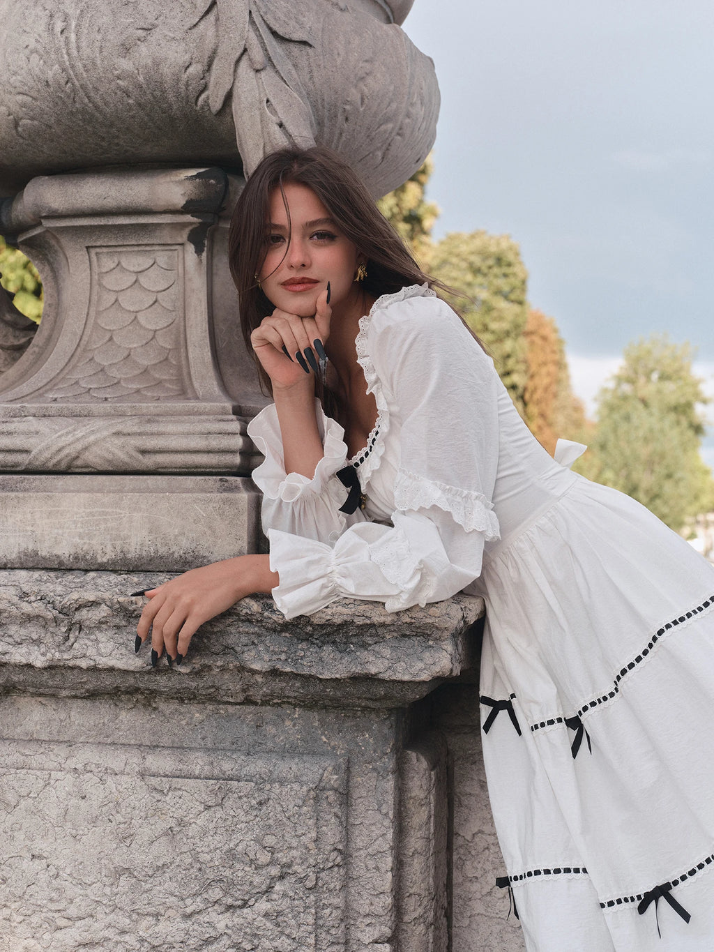 Gothica Parisian Fall White Maxi Dress Women Vintage Elegant Slim Lace Collar Long Sleeve French Halloween Dress