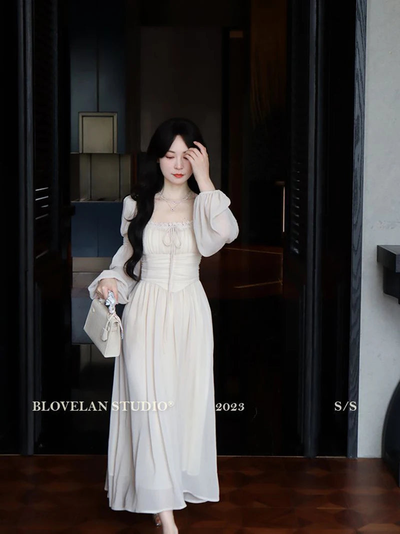 Sweet Sexy Chiffon Dress Women Fashion Slim Elegant French Dress Breathable Long Sleeve Beach Hoiliday Party Vestidos