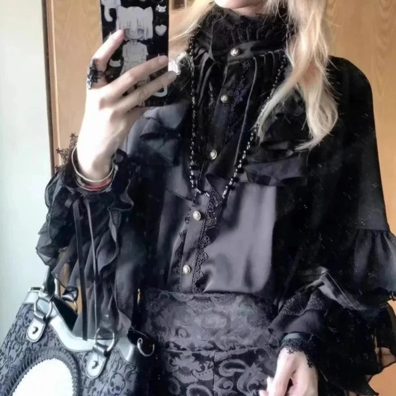The Marais Midnight Blouse | French Gothic Lantern Sleeve Shirt | Vintage Lace Patchwork Lolita Top | Parisian Princess