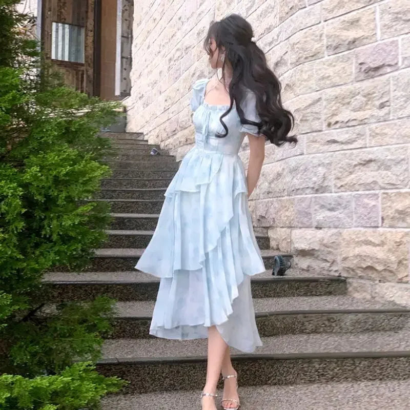The Giverny Chiffon Gown | French Floral Empire Dress | Square Collar Fold-Detail Midi | Parisian Princess