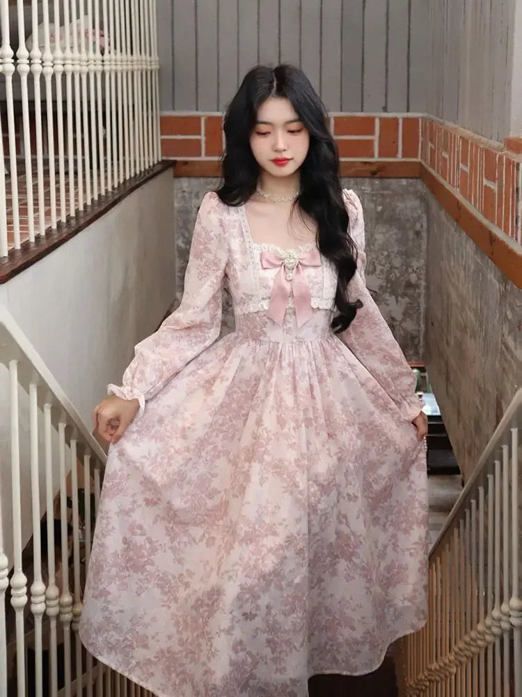 French Sweet Floral Long Sleeve Women's Dress Autumn Elegance Waist Cinched Gentle Fairy Skirt Polyester Fiber Square Collar Ank