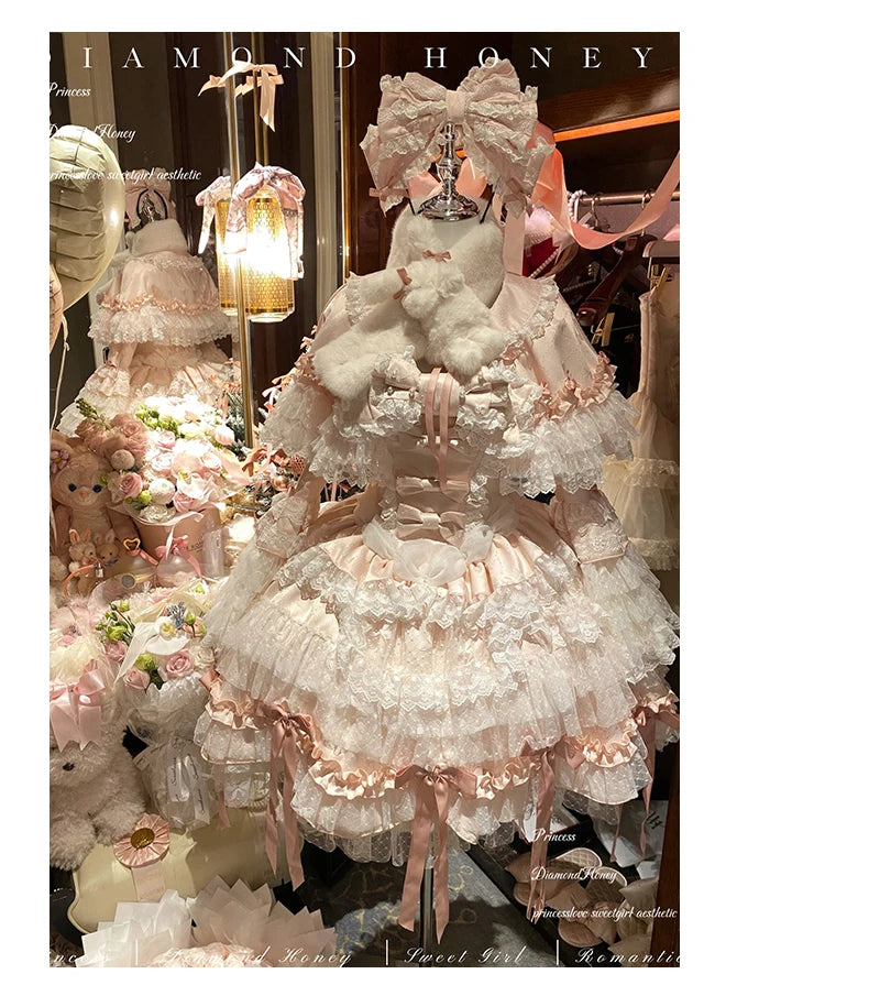 Pink Lolita Princess Dress Women's Bow Lace Heavy Industry Sweet Elegant Birthday Party Evening Dress Lady Suspender Dress Cloak