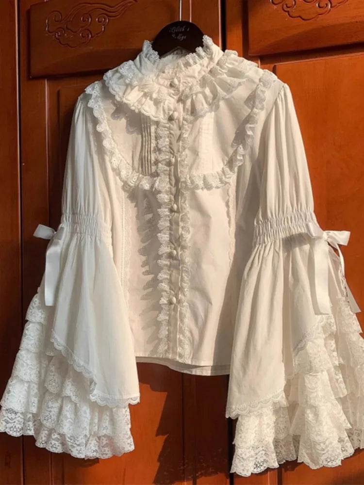 French Parisian Cute Lolita Flare Sleeve Shirt Parisian Aesthetic Lace Patchwork Blouse Tops Women JK Sweet Loose Blusas