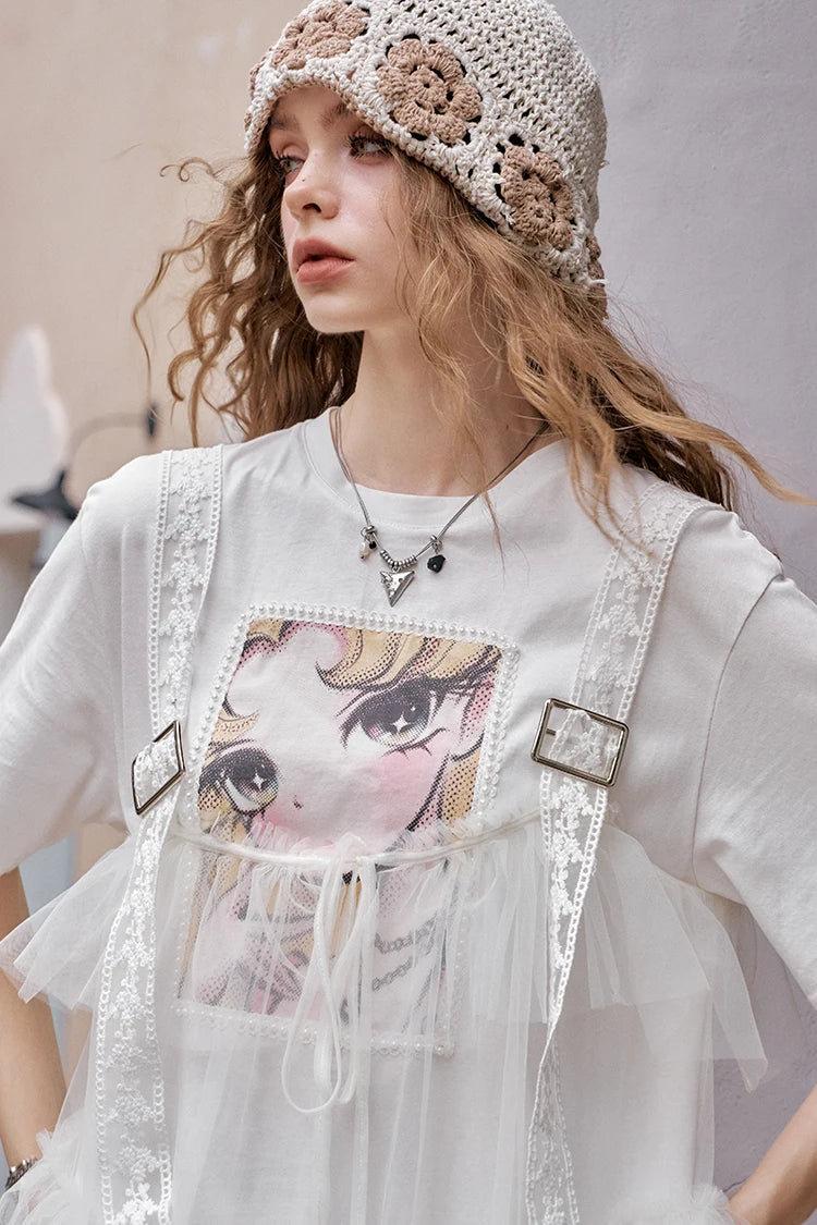 The Toulouse Cotton Lace Dress Set | Sweet Cool Printed T-Shirt & Spliced Maxi | Two-Piece Mesh Dress | Parisian Princess