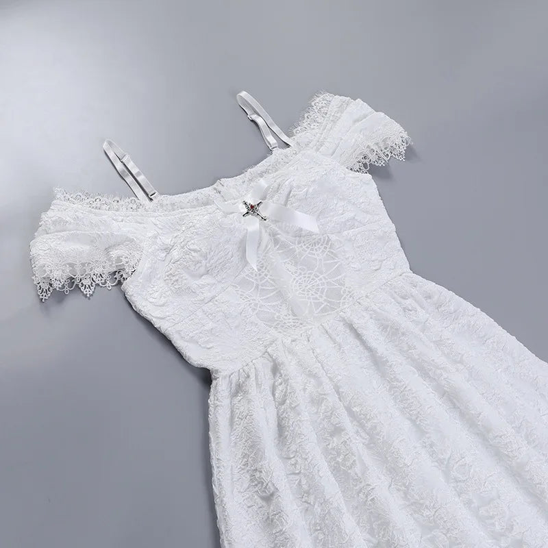 Gothica Lace Short Dress Women Cobweb Patchwork Short Sleeve Cold Shoulder Halloween Outfit Horror Ruffle Trim Costume